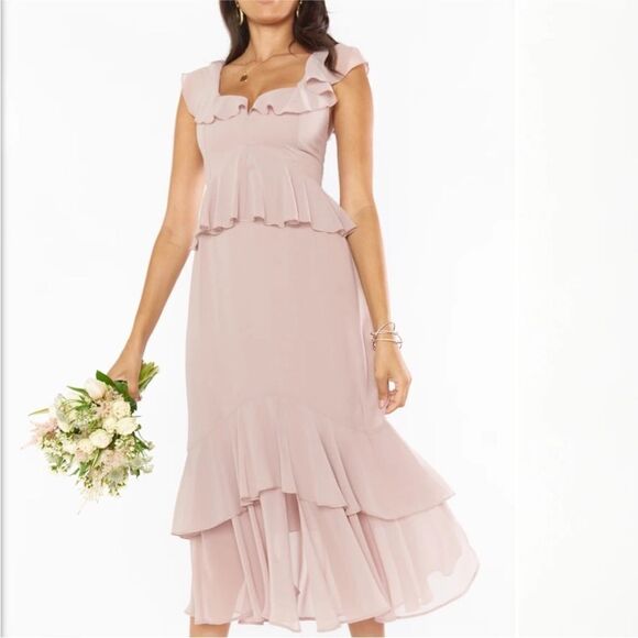 Show Me Your Mumu Wedding Reese Ruffle Dress Side Beige Chiffon NWT  S198 - Picture 3 of 5